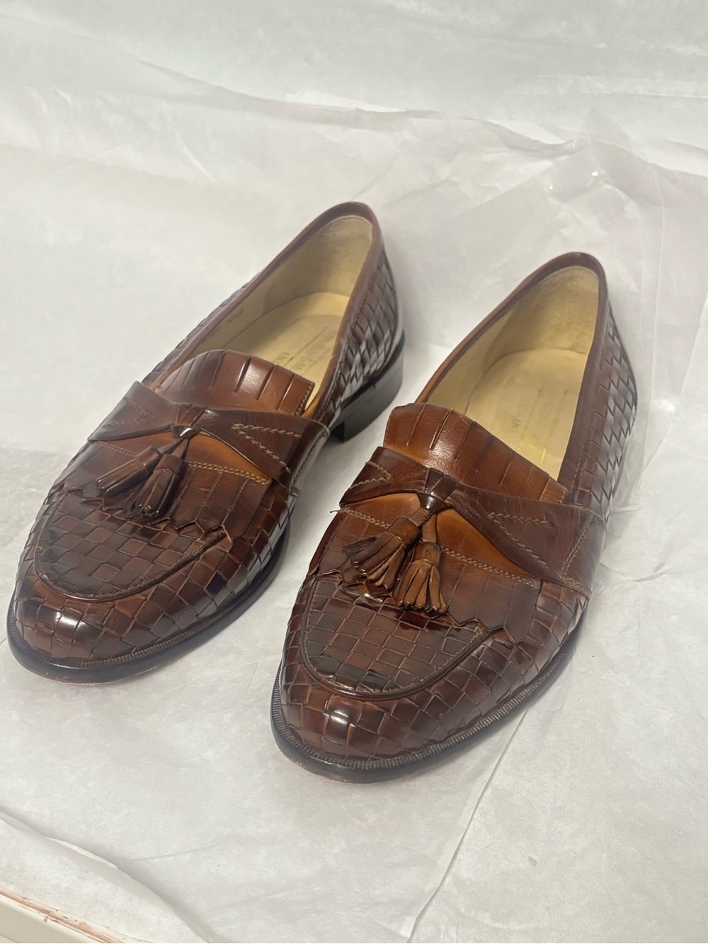 Johnston & Murphy Brown Woven Leather Tassel Loafers